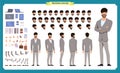 Front, side, back view animated character. Manager character creation set with various views, hairstyles, face emotions, poses