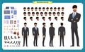 Front, side, back view animated character. Manager character creation set with various views, hairstyles, face emotions, poses