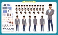 Front, side, back view animated character. Manager character creation set with various views, hairstyles, face emotions, poses