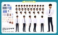 Front, side, back view animated character. Manager character creation set with various views, hairstyles, face emotions, poses