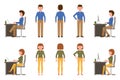 Front, side, back view standing, sitting, typing on laptop, smiling boy and girl cartoon character office man and woman vector Royalty Free Stock Photo