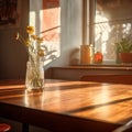 Front side of empty wooden table for product display, blurred cafe interior background. Warm and calm evening ambiance with