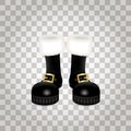 A front side of a pair of Santa Claus Christmas black high boots. Realistic vector illustration icon isolated on transparent