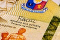 Front side of 500 peso bill of the Philippines. 500 Philippine Peso. Currency of the Island state. Extreme close up of five