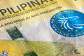 Front side of 500 peso bill of the Philippines. 500 Philippine Peso. Currency of the Island state. Extreme close up of five