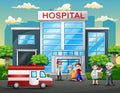 Front side view of hospital with a doctor, nurse, patient and ambulance on nature background