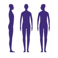 Front and side views human body silhouette of a neutral gender adult. Shadow of a standing x-gender person with a head