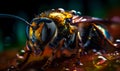 Front side of the worker bee in the water droplets. Macro shot of a honey insect at black blurred backdrop. Generative AI Royalty Free Stock Photo