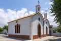 The front of a small beautiful red and white colored church Ekklisia Sotiros Christos Monastiri in Rethymno, Crete, Greece Royalty Free Stock Photo