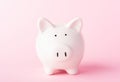 Front small white fat piggy bank, studio shot isolated on pink