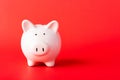 Front small white fat piggy bank, studio shot isolated on red