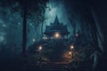 In front of the stairs leading up to the Thai shrine in the deep forest, firefly, lanterns shining, With Generative AI Royalty Free Stock Photo