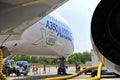 Front starboard side of Airbus A350-900 XWB MSN 003 plane at Singapore Airshow Royalty Free Stock Photo