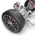 Front suspension with wheel of drive car. New tire. On white. 3D illustration Royalty Free Stock Photo