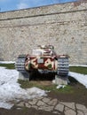 Front of tank historic museum belgrade fortress castle watch museum historically museum park snow winter serbia say gras