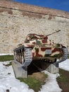 Front tank watch park see armour exhibition park belgrade serbia fortress castle snow winter war stones grass metall sky
