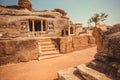 Front of 6th century cave temple, famous Hindu structure of Karnataka state, India. Historical andmark in Aihole town Royalty Free Stock Photo