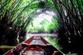 Front of Thai old wooden boat floating on canal river water and moving through wild woods Nipa palm green tree tunnel in Surat Royalty Free Stock Photo