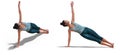 Front three-quarters and Left Profile Poses of a virtual Woman in Yoga Side Plank Pose