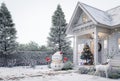 Front of tiny house entrance porch in winter with Christmas and New Year concept 3d render Royalty Free Stock Photo