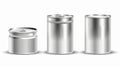 The front, top, and bottom views of a metal tin can for food. Modern realistic mockup of a white background with a blank Royalty Free Stock Photo