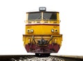 Front of Train led by Yellow Diesel Electric locomotives on the tracks Royalty Free Stock Photo