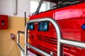 The front of the truck of an old Polish fire truck with visible blue light signals and chromed grill. Royalty Free Stock Photo