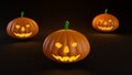 Front view of ack O Lantern halloween pumpkin on black background with light reflection on the floor. 3d render Royalty Free Stock Photo