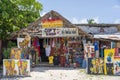 Front view of African shop clothes and souvenirs for tourists on the beach in Zanzibar island, Tanzania, east Africa