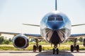 Front view of black aircraft cabin or cockpit. The passenger plane ready to take off. Travel concept Royalty Free Stock Photo