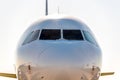 Front view of aircraft cabin or cockpit. The passenger plane ready to take off. Travel concept Royalty Free Stock Photo