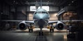 Front view of an aircraft in a hangar undergoing maintenance and repair. Concept of aircraft maintenance with a passenger plane