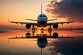 Front view of an aircraft on the runway during a sunset