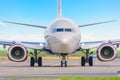 Front view of airplane after landing at airport Royalty Free Stock Photo