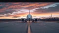 Front view of an airplane on the runway at sunset Royalty Free Stock Photo