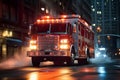 Front view of an American firefighters truck full speed, responds to emergency calling in the city at night. Generative AI Royalty Free Stock Photo