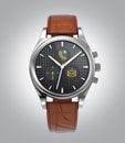 Front view of analog wristwatch with digital touch screen, and brown leather wristband