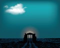 Front view of an antique greek temple. The ancient temple in the dar sea. Vector flat illustration Royalty Free Stock Photo