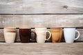 Front view assorted coffee cups on a wooden table background with copy space