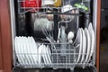 Front view at automatic dishwashing machine full loaded with utensils