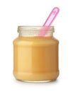 Front view of baby carrot and pumpkin puree in glass jar