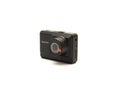 Front view back dash cam camera with micro-SD card inserts, audio input, wide-angle lens and Full HD 1080P IPS display isolated on Royalty Free Stock Photo