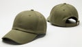 A front view and a back view of a solid olive green baseball cap with an adjustable strap on a white background. isolated on white Royalty Free Stock Photo