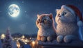 front view Scottish fold cat cute sitting on roof and watch the full moon. child winter season Merry Christmas. Xmas.