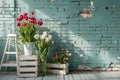 Front View Backdrop with Brick Wall, White Wooden Crates, Tulips, and Ladder. Royalty Free Stock Photo