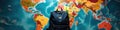 Front view of backpack against world map backdrop , airport, discovery Royalty Free Stock Photo