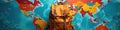 Front view of backpack against world map backdrop journey exploration Royalty Free Stock Photo