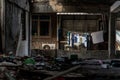 Front view of the balcony on which clothes are dried of the old building