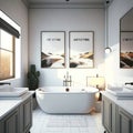 A front view of a bathroom with light-colored tiles, a double sink, two mirrors, a large white bathtub, and a poster hanging