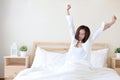 Front view beautiful and healthy young asian woman wake up in the morning, she stretching after wake up in the morning on white Royalty Free Stock Photo